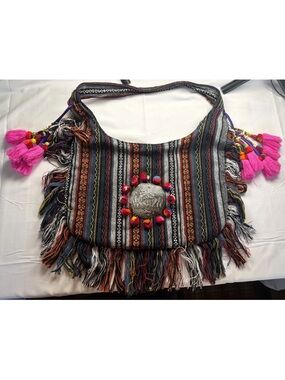 Handwoven Boho Fringe Shoulder Bag in Multicolor with Pink Tassels w/ elephants